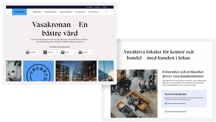 Startsida för Vasakronan med texten "Vasakronan – En bättre värd" och beskrivning av verksamheten. Under finns bilder på byggnader och städer, samt länkar till kontor i Stockholm, Göteborg, Malmö och Uppsala. På sidan bredvid syns texten "Attraktiva lokaler för kontor och handel – med kunden i fokus" och en bild av människor som arbetar i en modern kontorsmiljö.