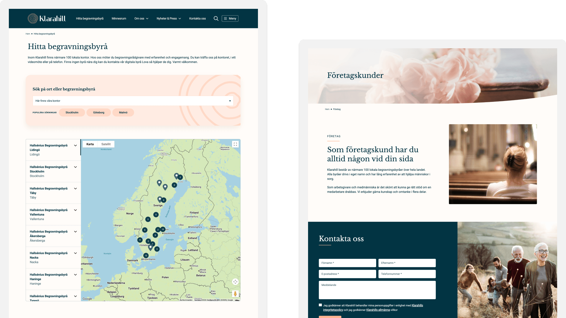 Bild av två webbsidor från Klarahill. Den vänstra sidan visar en sektion för att hitta begravningsbyråer med en sökfunktion och karta över Sverige med markerade platser. Den högra sidan innehåller information om tjänster för företagskunder, en bild av en kvinna i en kyrka, och ett kontaktformulär längst ned.