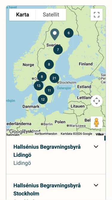 Interaktiv karta över Sverige med flera markerade platser, numrerade 6–21. Under kartan finns listor med text: "Hallsénius Begravningsbyrå Lidingö" och "Hallsénius Begravningsbyrå Stockholm".