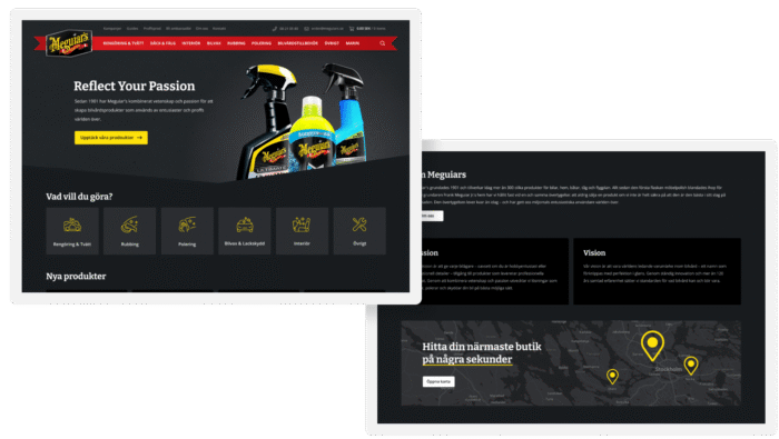 Två skärmdumpar av en webbplats för Meguiar's bilvårdsprodukter. Den första visar en banner med texten "Reflect Your Passion" och produkter som flaskor och sprayflaskor. Under finns menyer som "Rengöring & Tvätt", "Rubbing", "Polering", "Bilvax & Lackskydd", "Interiör" och "Övrigt". Den andra skärmdumpen innehåller en karta med texten "Hitta din närmaste butik på några sekunder" och en knapp med texten "Öppna karta".