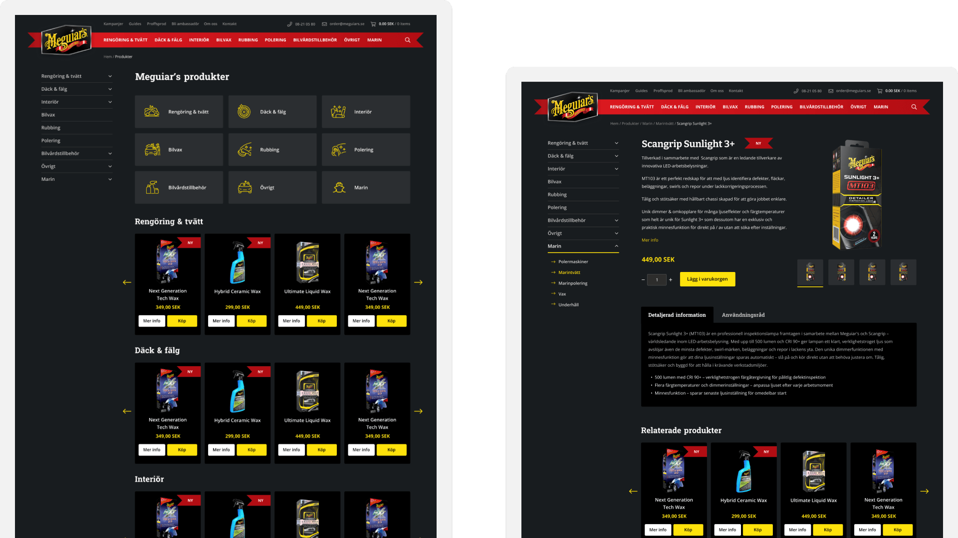 Webbsida som visar produkter från Meguiar's, med kategorier som "Rengöring & tvätt", "Däck & fälg" och "Interiör". Vänster bild visar en översikt av produktkategorier och produkter med priser, medan höger bild fokuserar på en specifik produkt "Scangrip Sunlight 3+" för 449,00 SEK, med detaljerad information och köpknapp.