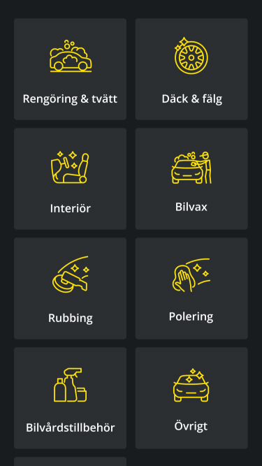 Ikoner med gul grafik på mörk bakgrund, varje ikon representerar en kategori: "Rengöring & tvätt" med ett skumbelagt fordon, "Däck & fälg" med ett bildäck, "Interiör" med en rengöringsrulle, "Bilvax" med en person som vaxar en bil, "Rubbing" med en polermaskin, "Polering" med en hand som polerar, "Bilvårdstillbehör" med rengöringssprayflaskor, och "Övrigt" med en bil och fyra gnistrande stjärnor.