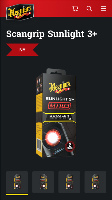 Förpackning för "Meguiar's Sunlight 3+ MT103 Detailer Inspection Light" visas mot en mörk bakgrund, med texten "Scangrip Sunlight 3+" och en röd etikett med texten "NY".