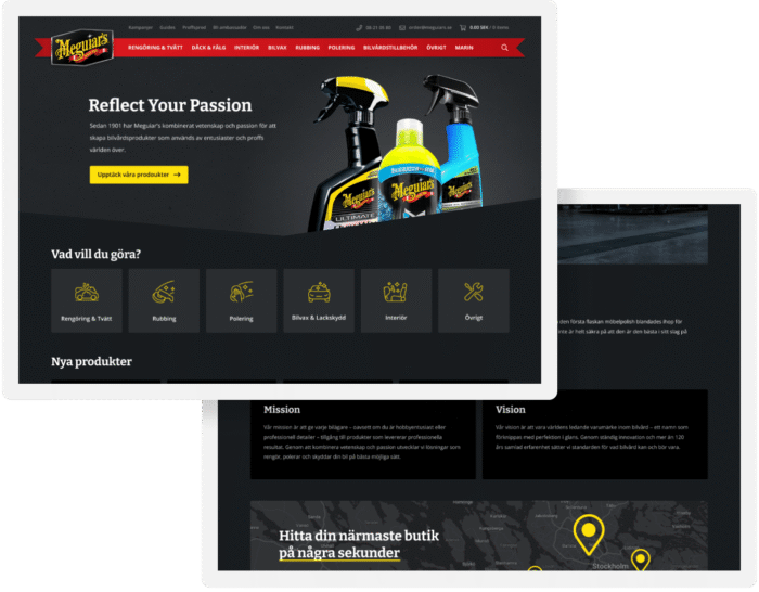 En webbsida för Meguiar's bilvårdsprodukter med texten "Reflect Your Passion" och bilder på rengöringssprayer och flaskor. Under finns menyer med kategorier som "Rengöring & Tvätt", "Rubbing", "Polering", och "Interiör".