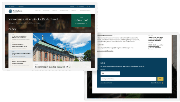 En webbsida för Riddarhuset med en välkomsttext som lyder "Välkommen att upptäcka Riddarhuset" och information om aktuella händelser, inklusive sommaröppetider och en bild på byggnaden under en blå himmel. Till höger finns en sökfunktion med kategorin "Ätt" och ett fält för att ange sökord.