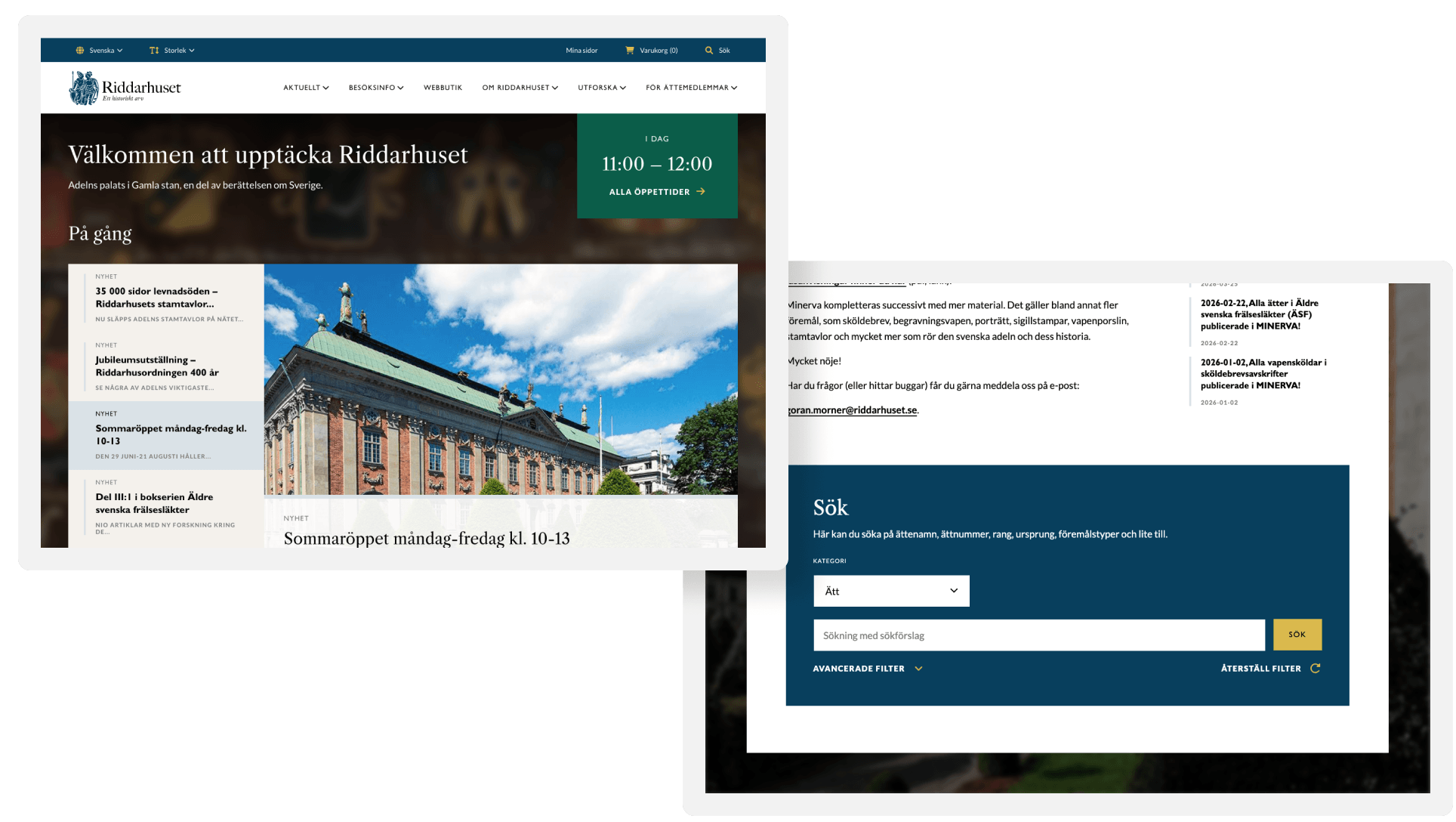 En webbsida för Riddarhuset med en välkomsttext som lyder "Välkommen att upptäcka Riddarhuset" och information om aktuella händelser, inklusive sommaröppetider och en bild på byggnaden under en blå himmel. Till höger finns en sökfunktion med kategorin "Ätt" och ett fält för att ange sökord.