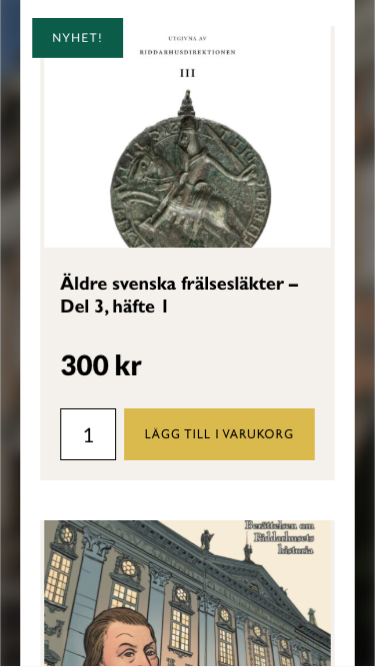Nyhet! Äldre svenska frälsesläkter – Del 3, häfte 1, 300 kr, med en bild av ett runt sigill med en riddare till häst; köpknapp med texten "Lägg till i varukorg".