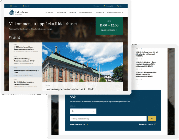 Startsida för Riddarhuset med texten "Välkommen att upptäcka Riddarhuset" och en bild av byggnaden under blå himmel; menyer och nyhetsrubriker syns, samt en sökfunktion i ett separat segment.