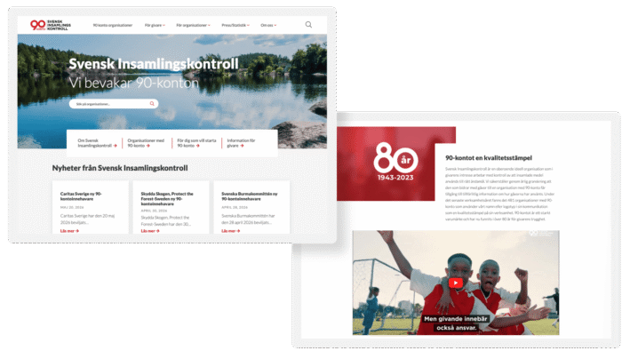 Startsida för Svensk Insamlingskontroll med texten "Vi bevakar 90-konton", en sökfält och menyer för information. Nedanför syns nyheter om godkända organisationer med 90-konton samt en röd sektion med texten "80 år 1943-2023" och en artikel om 90-konto som kvalitetsstämpel.