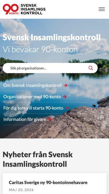 Svensk Insamlingskontrolls hemsida med en sökruta och länkar till olika sektioner, texten inkluderar "Svensk Insamlingskontroll, Vi bevakar 90-konton" och "Nyheter från Svensk Insamlingskontroll" med en nyhet om Caritas Sverige daterad 20 maj 2026.