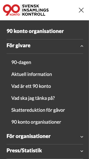 "Skärmbild av en meny från Svensk Insamlingskontroll med rubriken '90 konto organisationer'. Under 'För givare' finns följande alternativ: '90-dagen', 'Aktuell information', 'Vad är ett 90 konto', 'Vad ska jag tänka på?', 'Skattereduktion för gåvor', och '90 konto organisationer'. Det finns även sektioner för 'För organisationer' och 'Press/Statistik'."