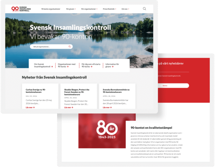 Startsidan för Svensk Insamlingskontrolls webbplats med rubriken "Svensk Insamlingskontroll - Vi bevakar 90-konton", en sökfunktion och nyheter från organisationen, samt en sektion som firar 80 år med texten "80 år, 1943-2023".